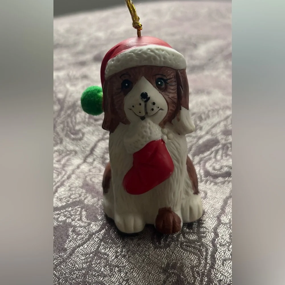 Holly Bells Figurine Puppy Dog Bell Christmas Ornament porcelain Giftco Vintage